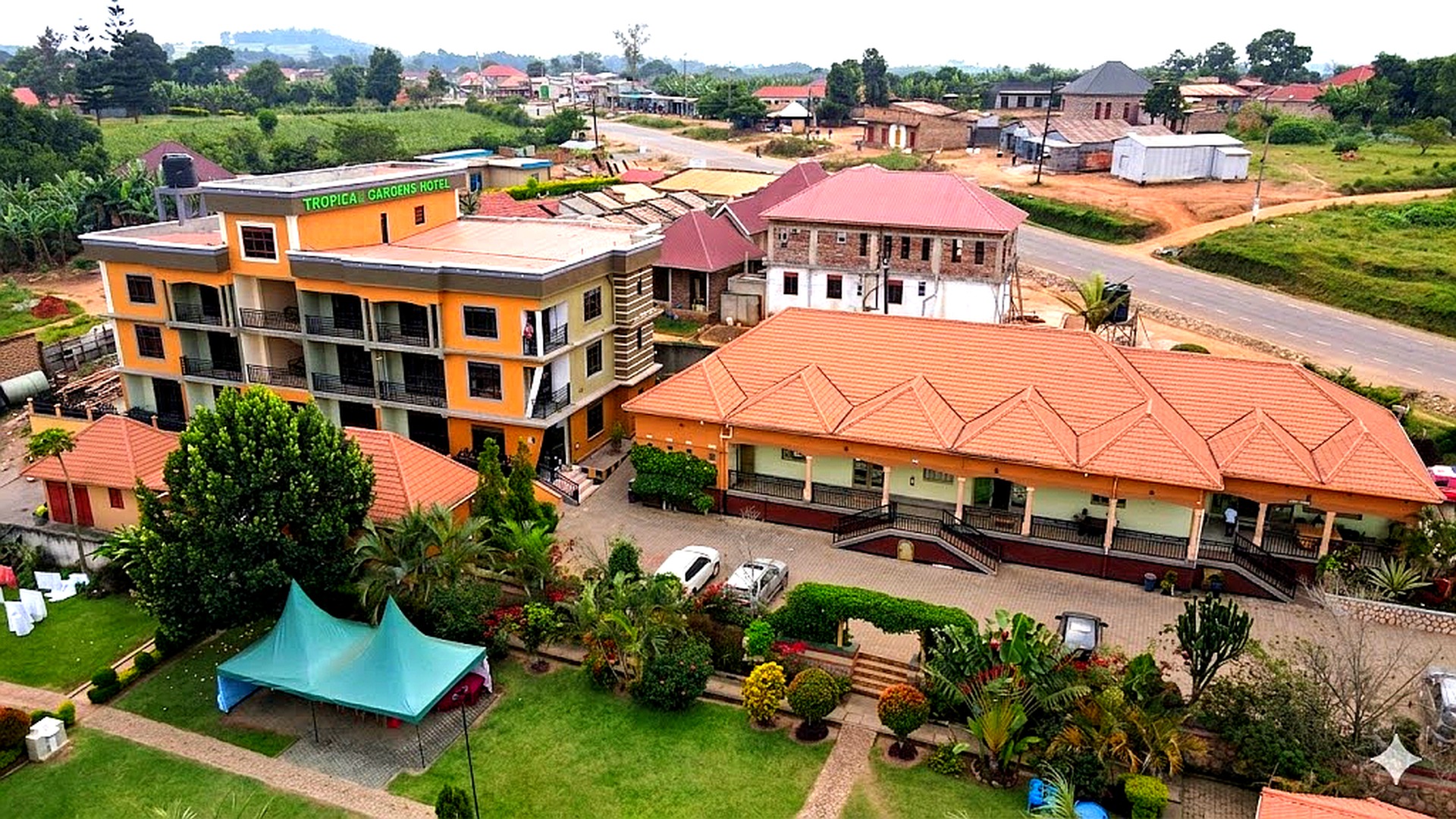 Aerial view of Tropical Gardens Hotel gardens in Kyenjojo, Uganda